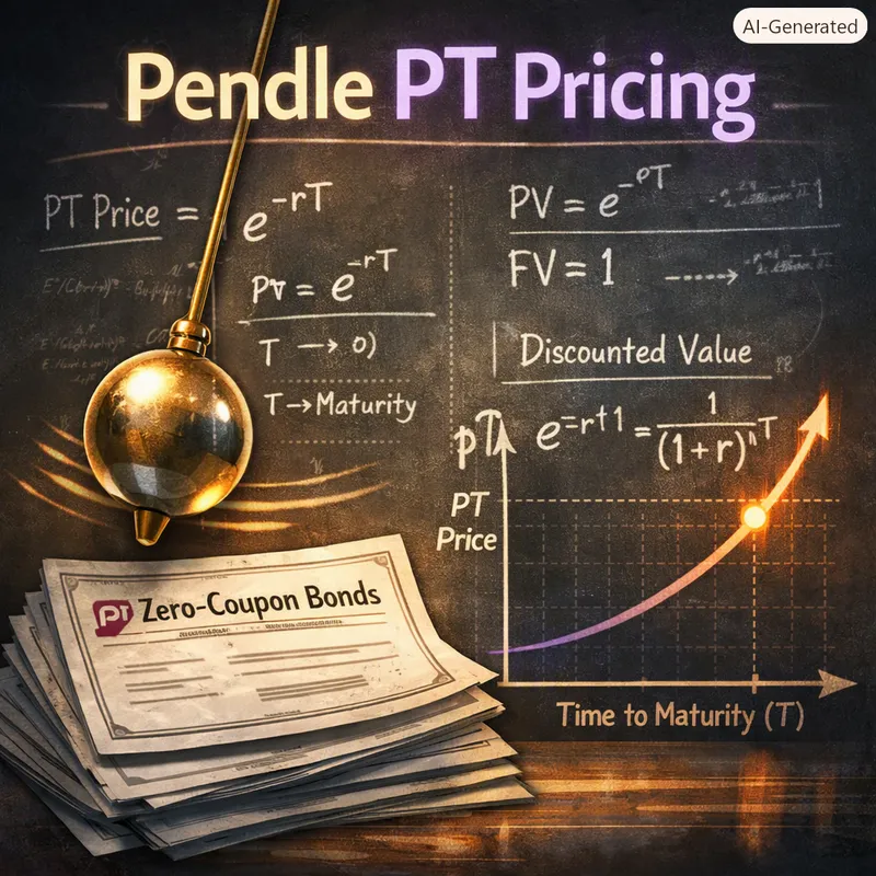 Pendle PT pricing: a pendulum over a chalkboard of discounting formulas, a stack of zero-coupon bonds, and a PT price curve rising toward par at maturity.