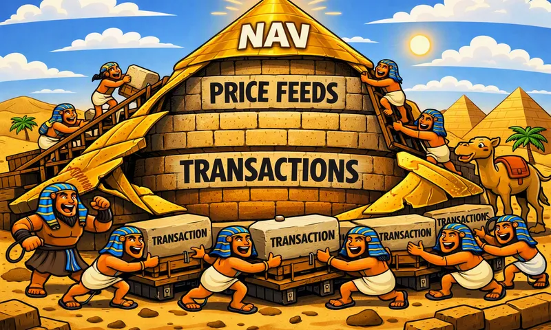 Cartoon. Workers in ancient Egypt haul stone blocks marked TRANSACTION toward a pyramid whose courses read, from the base upward, TRANSACTIONS and then PRICE FEEDS, capped by a golden capstone reading NAV.